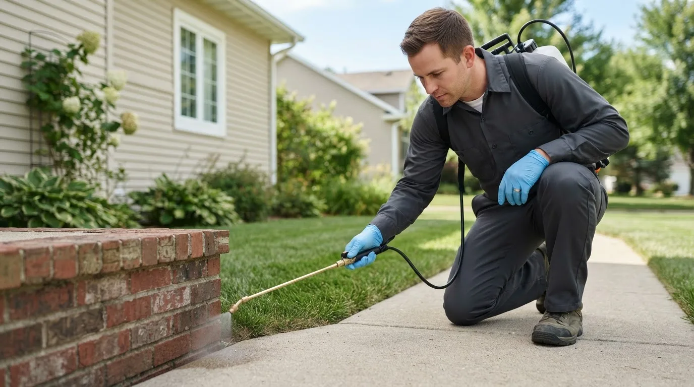 Pest control technician treating a home near Sterling, MA